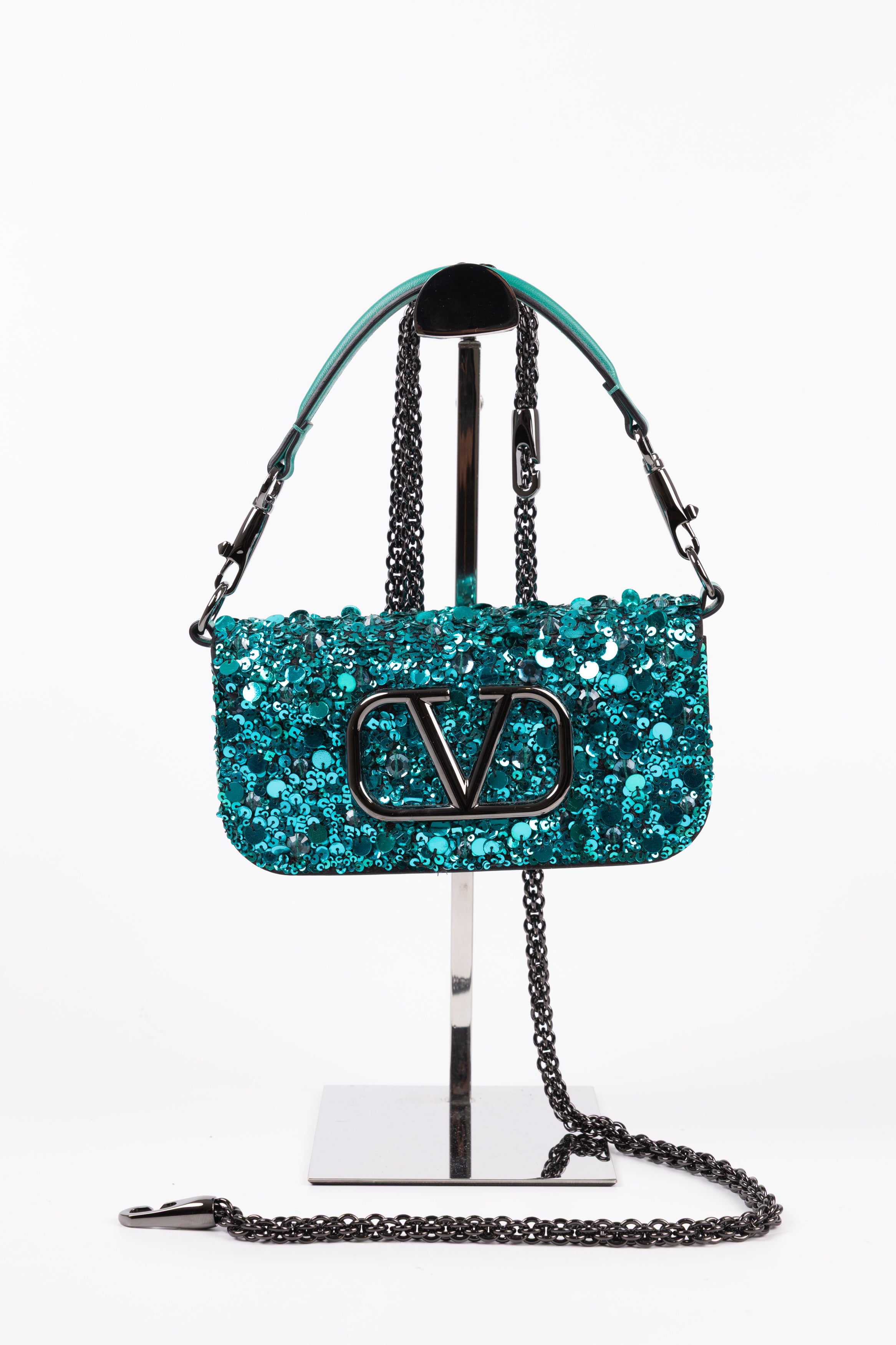Valentino Locò Piccola in pelle con paillettes Verde Smeraldo