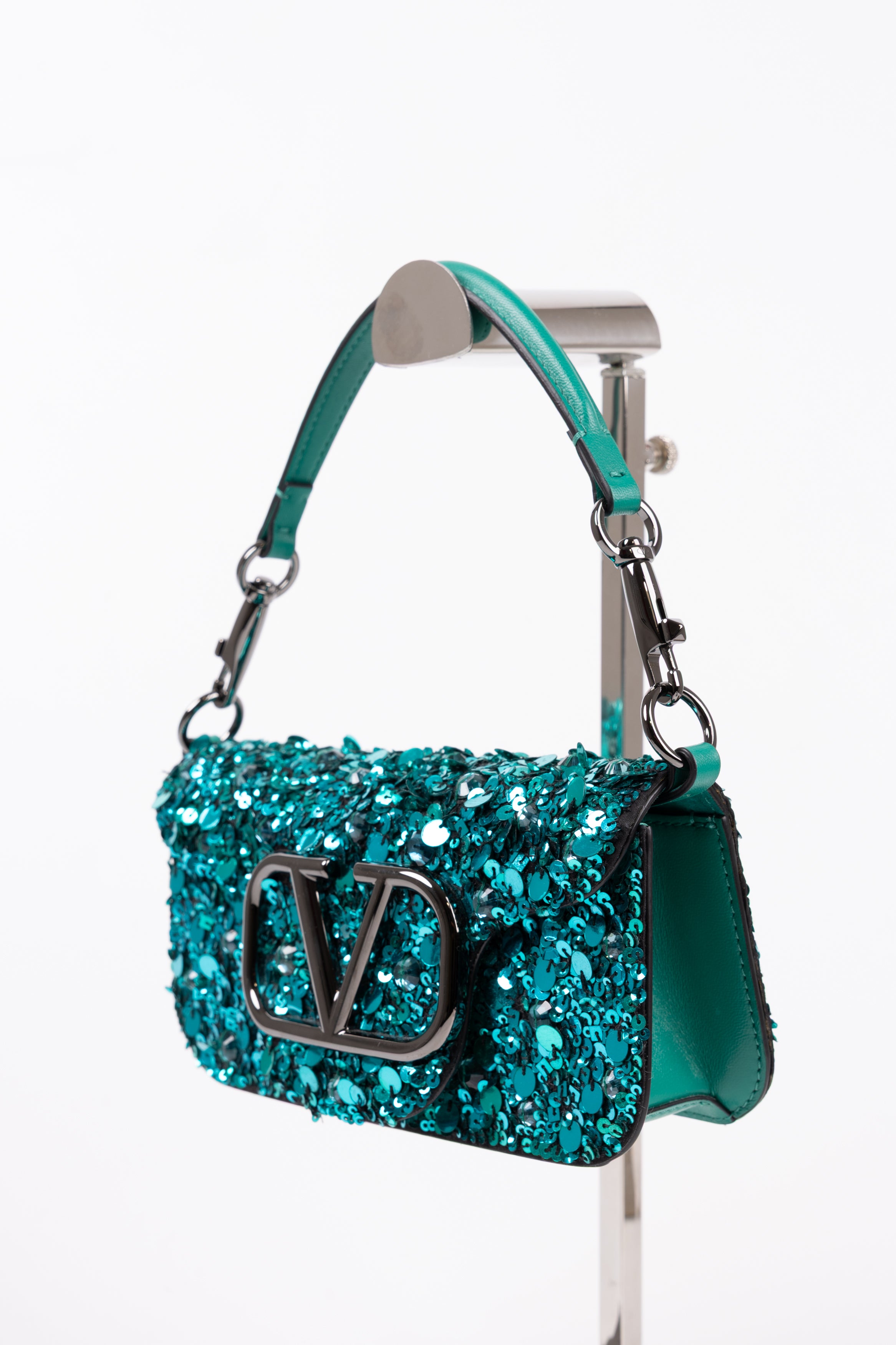 Valentino Locò Piccola in pelle con paillettes Verde Smeraldo
