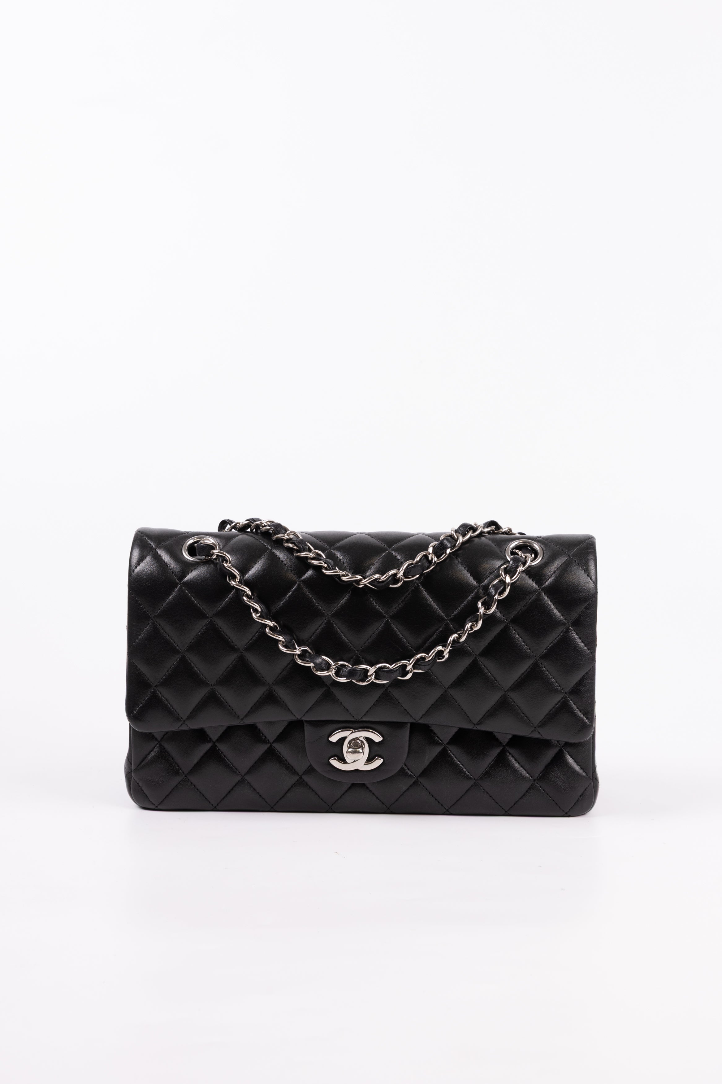Chanel 25 classic double flap nera/argento lambskin