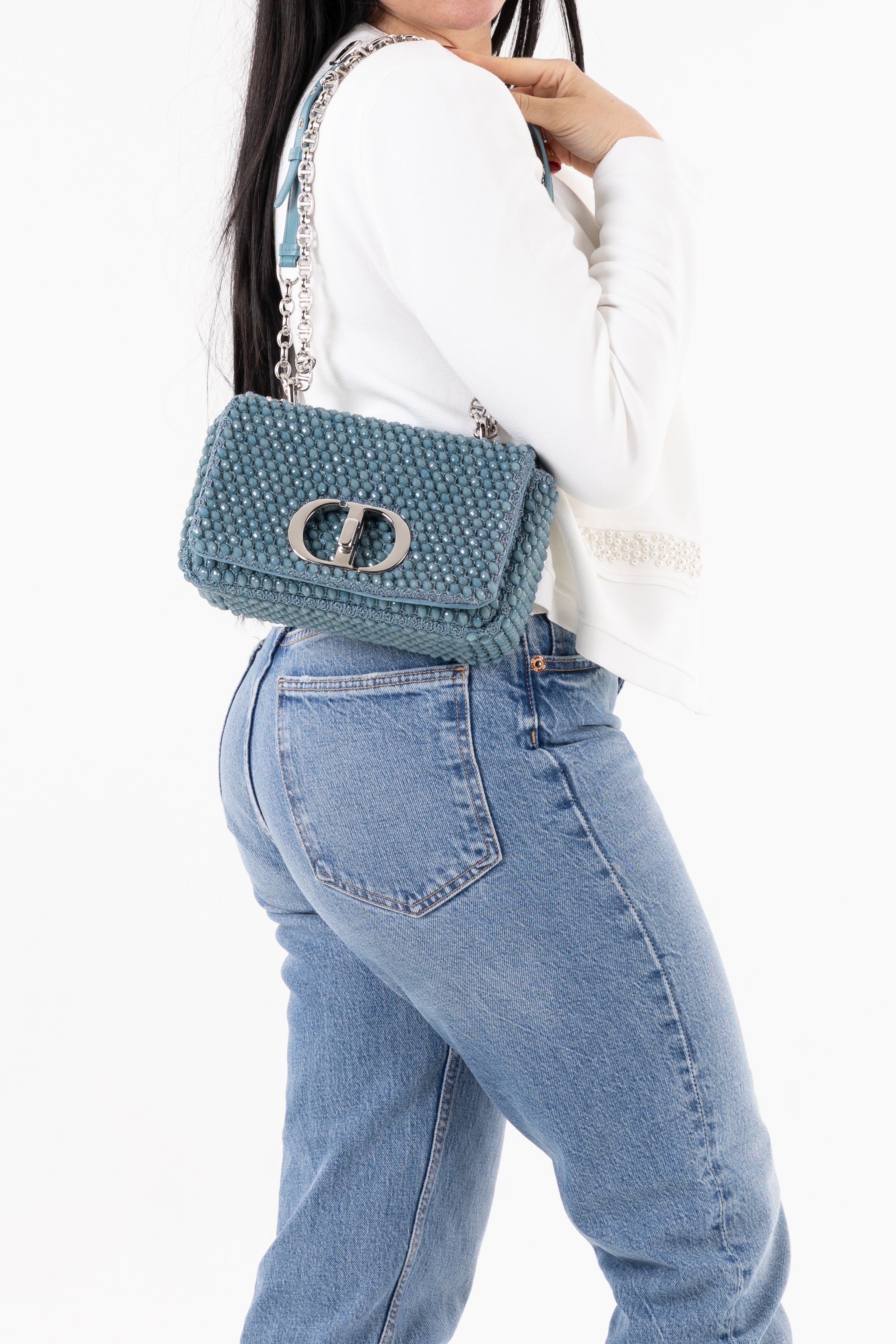 Dior Borsa a Tracolla Caro Con Perline Azzurra