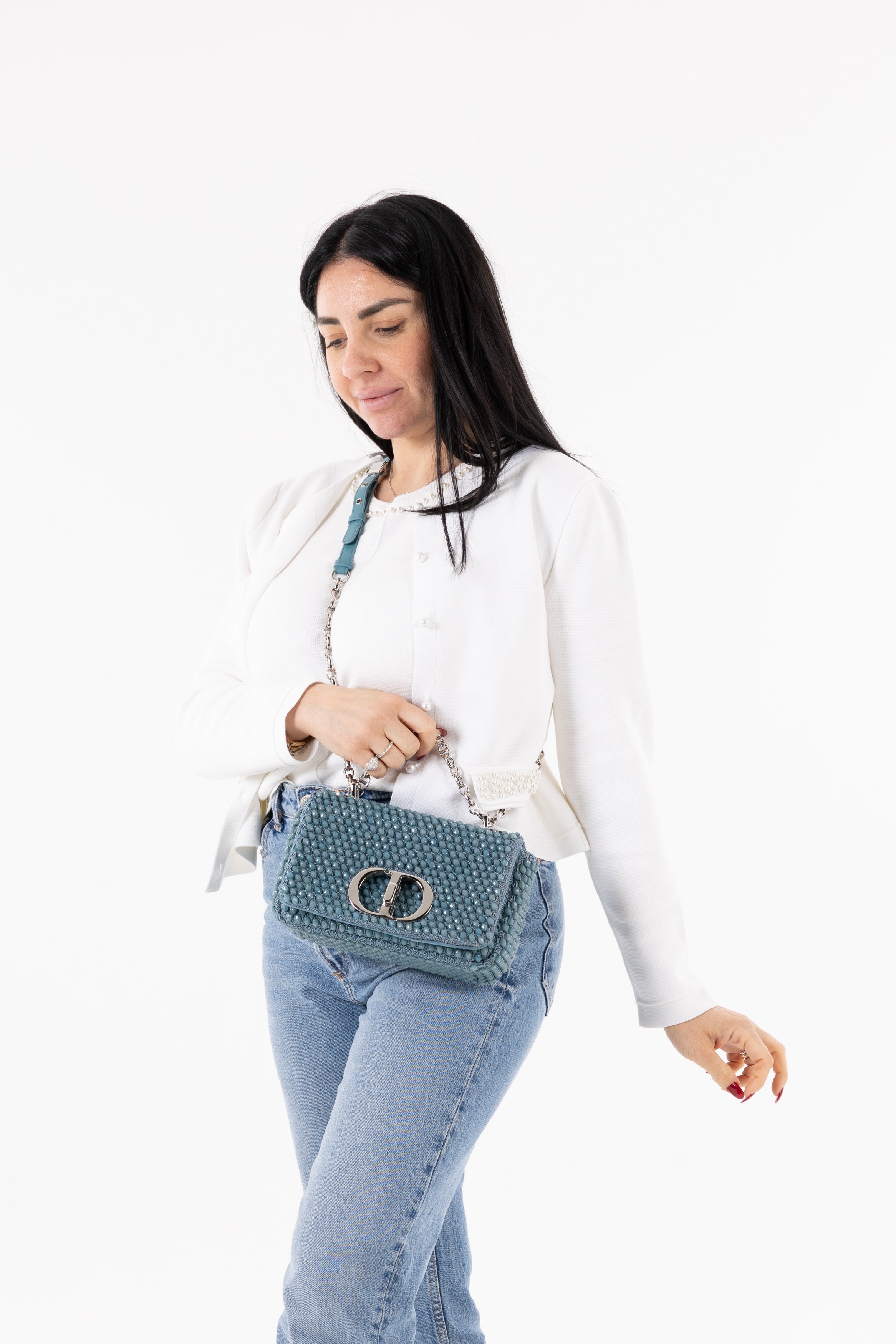 Dior Borsa a Tracolla Caro Con Perline Azzurra