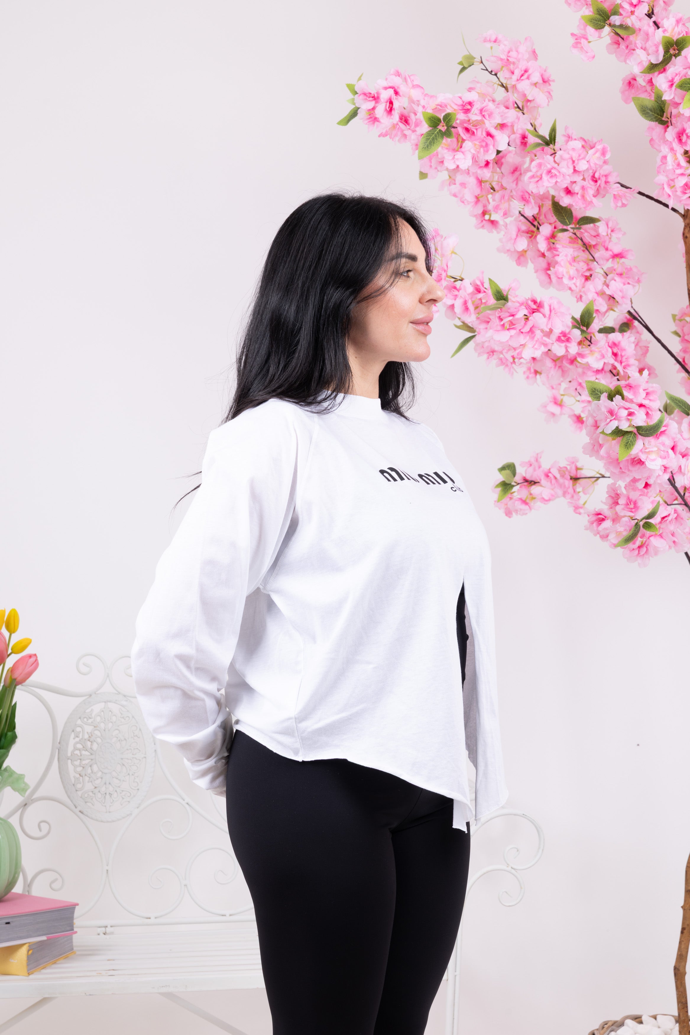 MIU MIU MAGLIETTA A MANICHE LUNGHE BIANCA