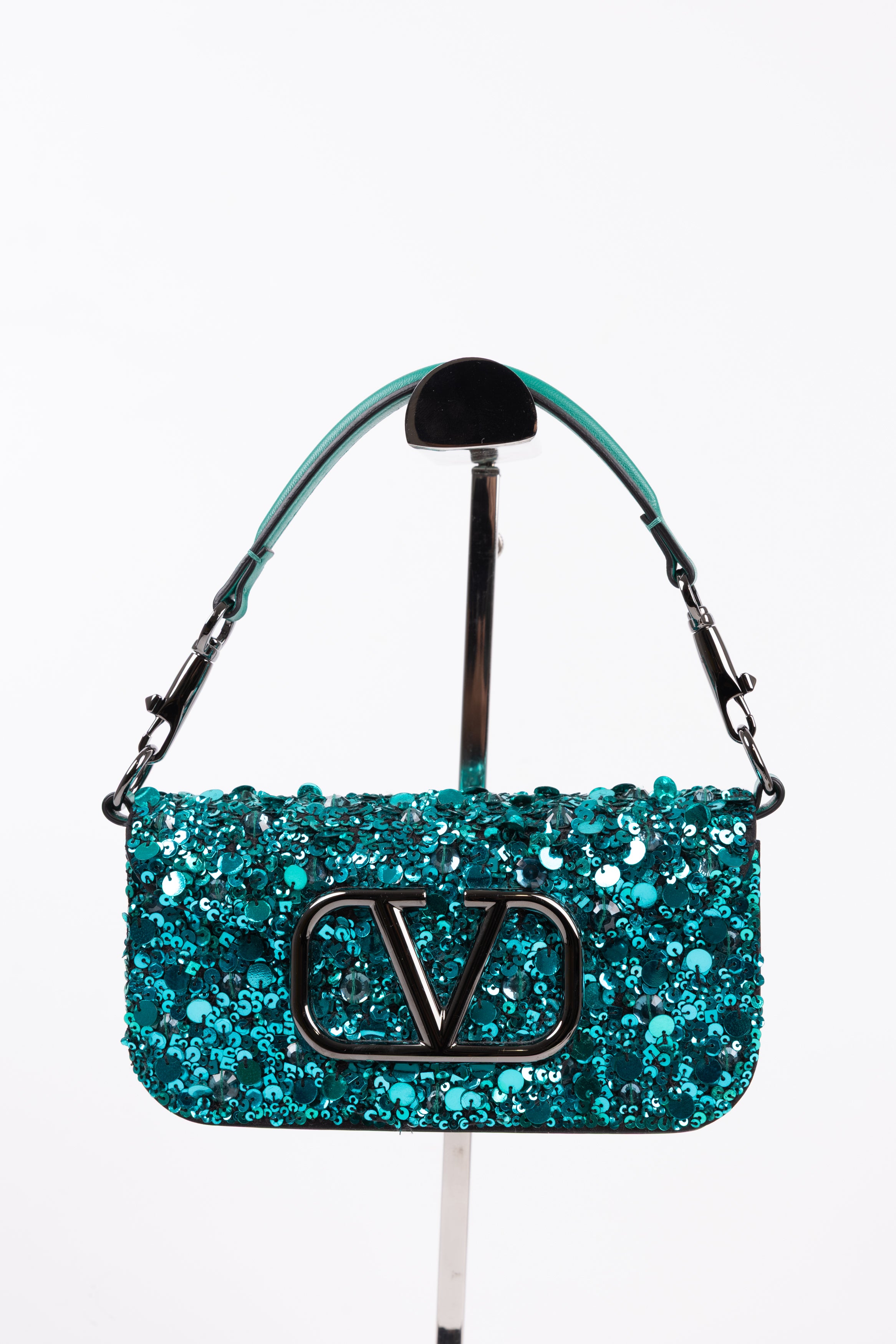 Valentino Locò Piccola in pelle con paillettes Verde Smeraldo