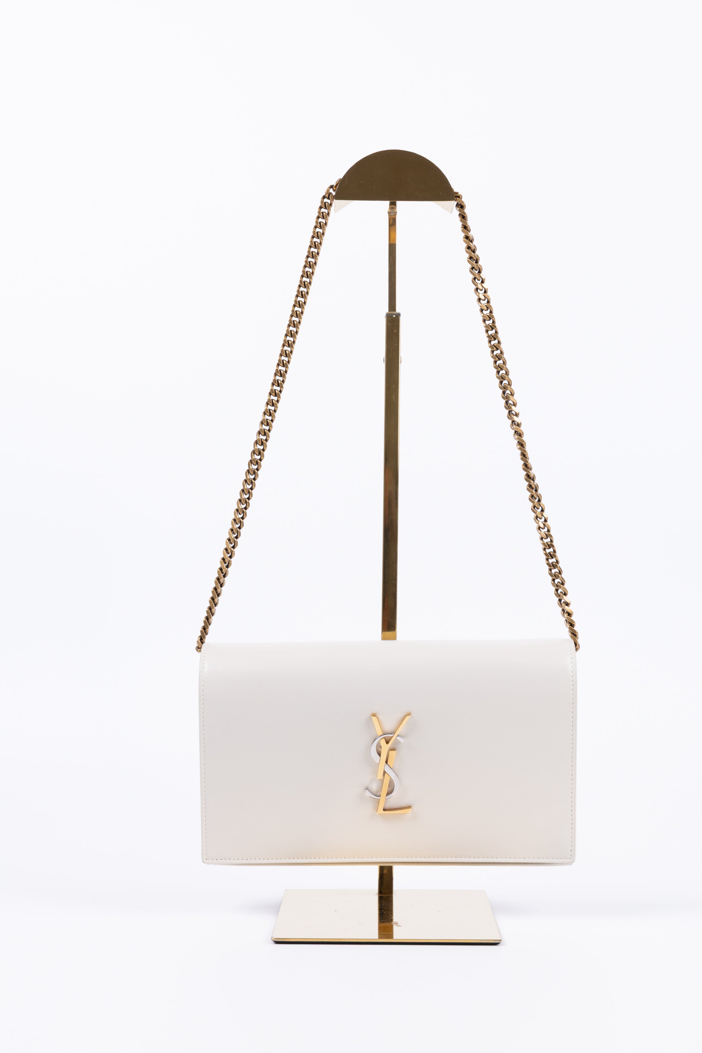 SAINT LAURENT BORSA CON TRACOLLA KATE MEDIUM BEIGE LOGO ARGENTO/ORO