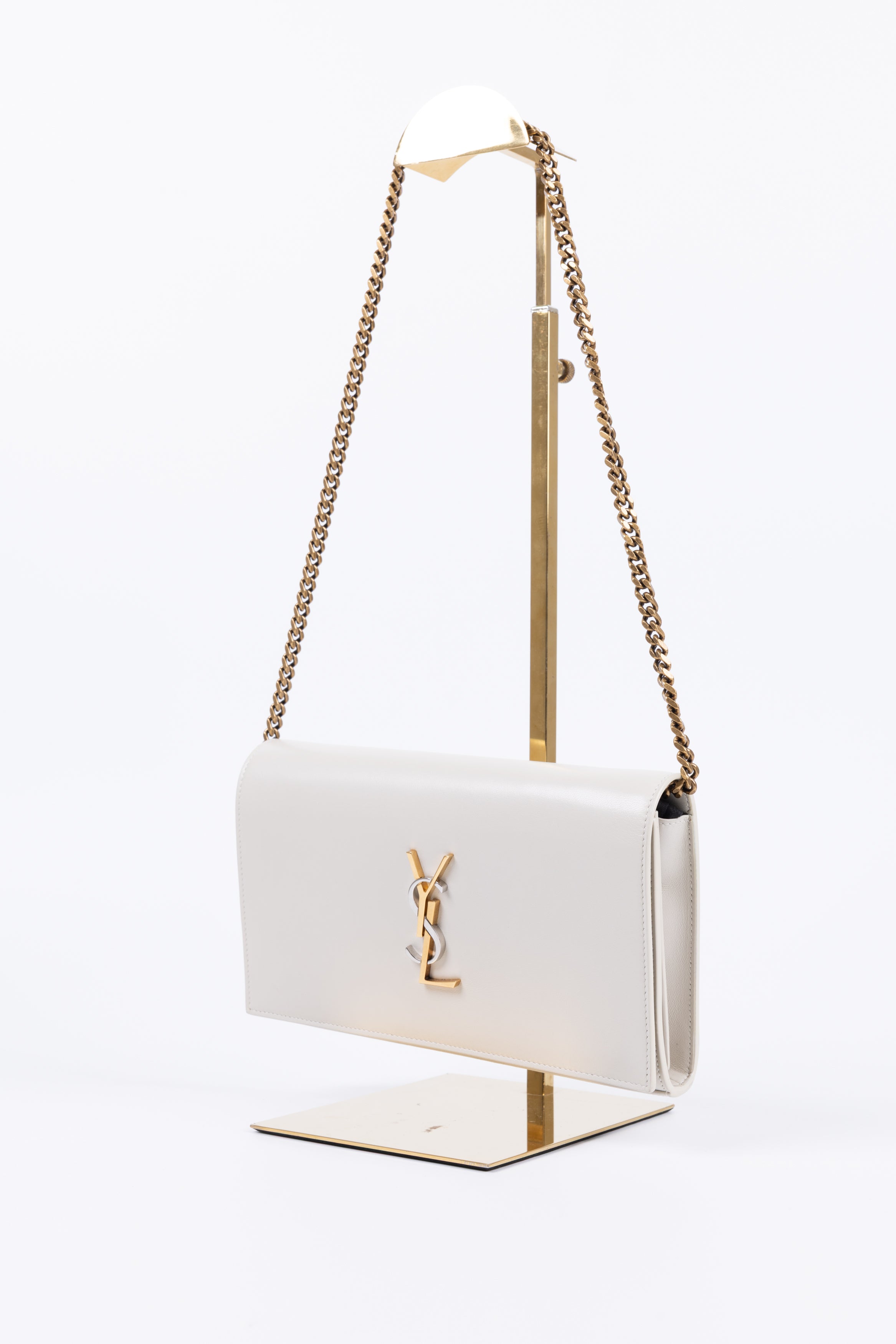 SAINT LAURENT BORSA CON TRACOLLA KATE MEDIUM BEIGE LOGO ARGENTO/ORO