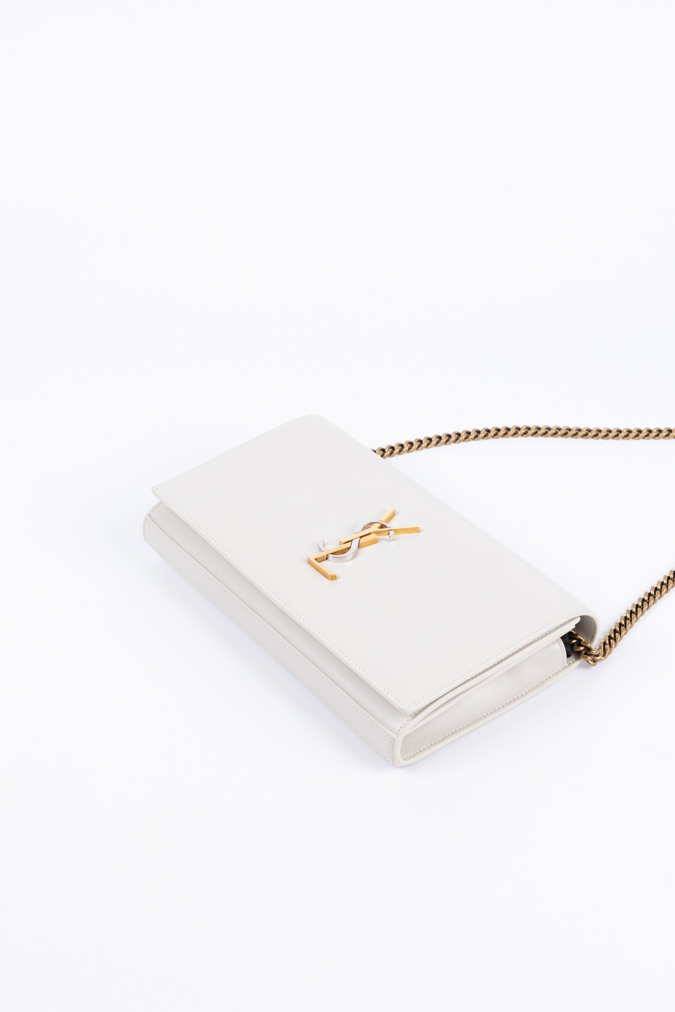 SAINT LAURENT BORSA CON TRACOLLA KATE MEDIUM BEIGE LOGO ARGENTO/ORO