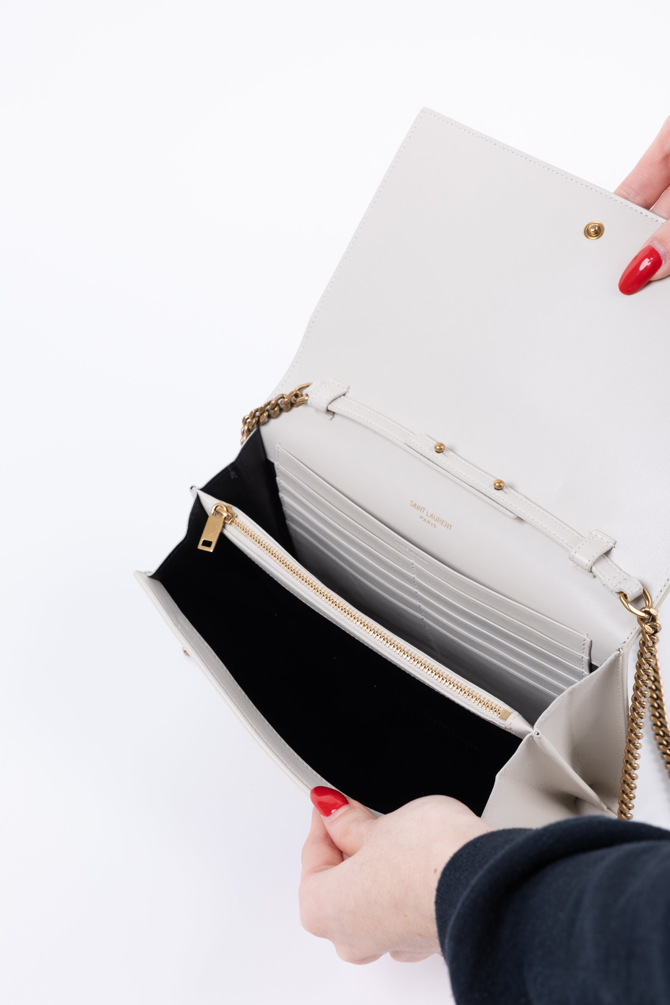 SAINT LAURENT BORSA CON TRACOLLA KATE MEDIUM BEIGE LOGO ARGENTO/ORO