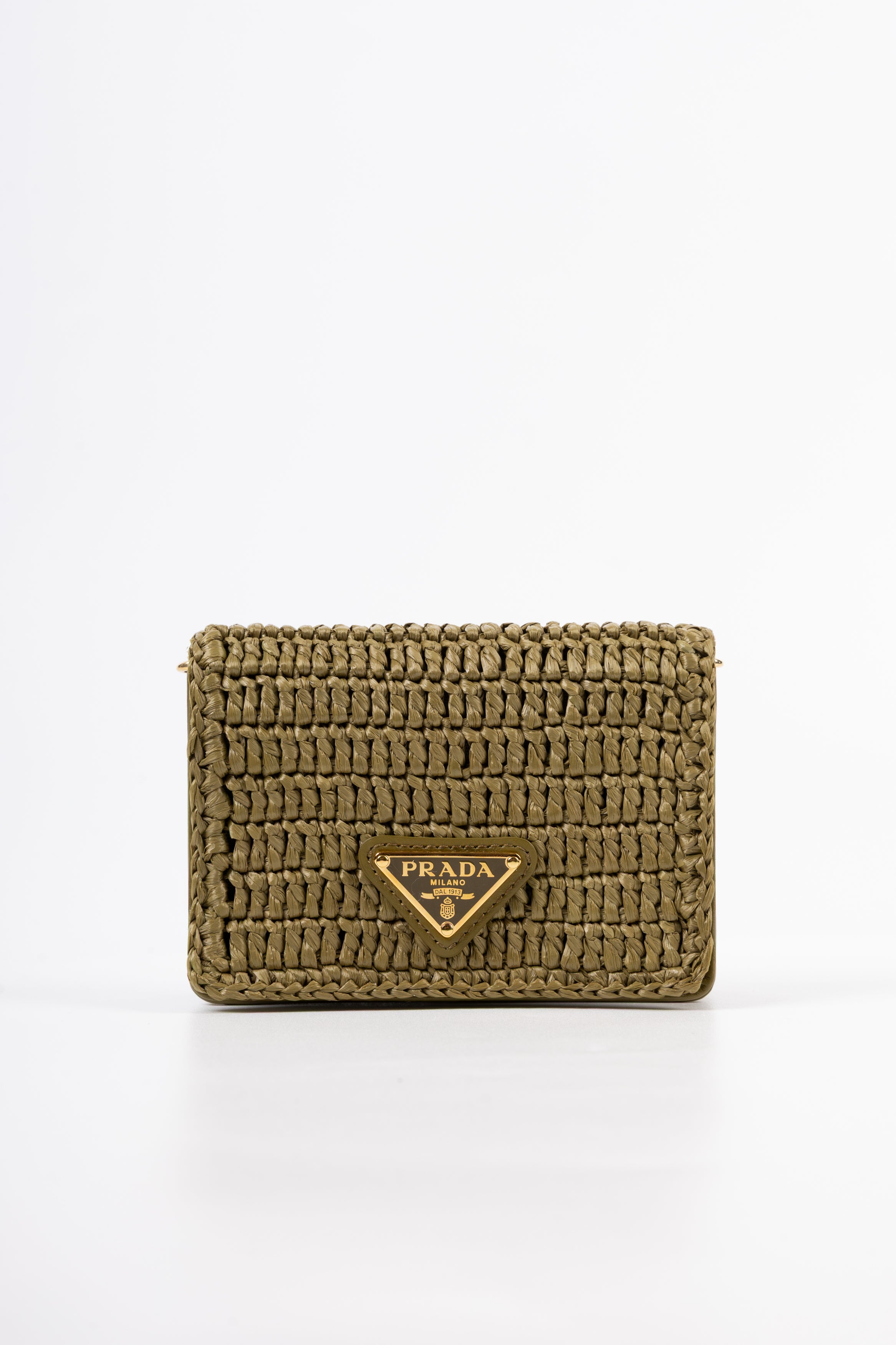 prada portacarte in rafia verde scuro con tracolla
