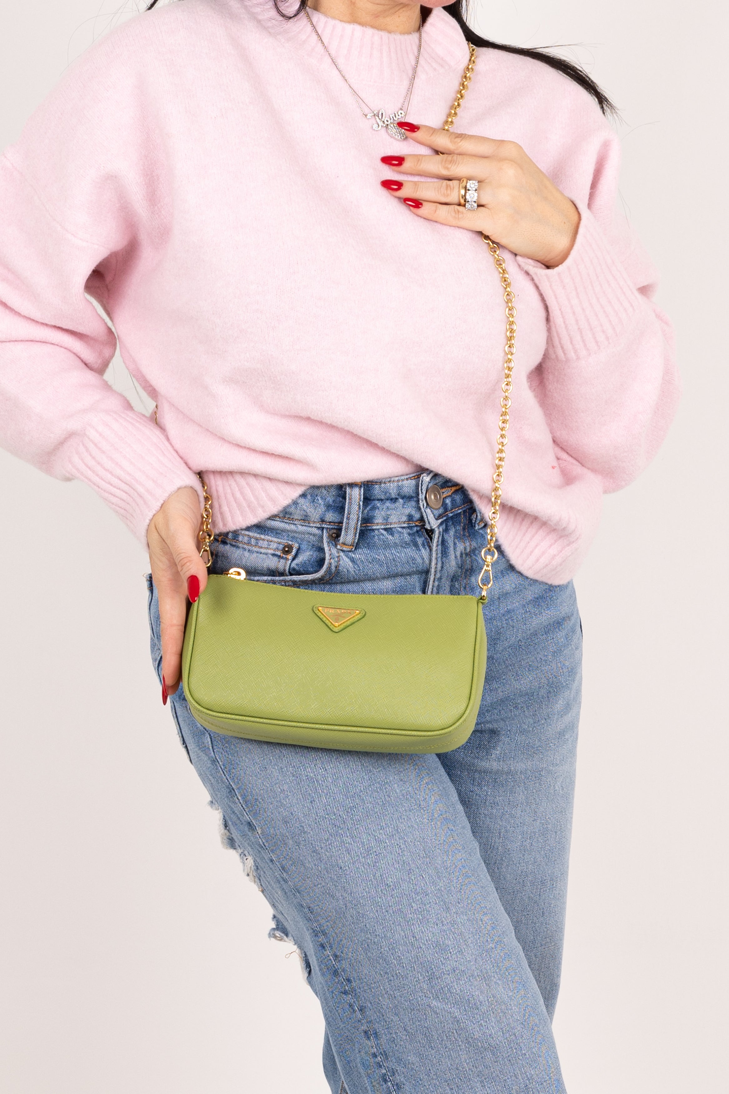 Prada Borsa a spalla in pelle spazzolata verde pistacchio