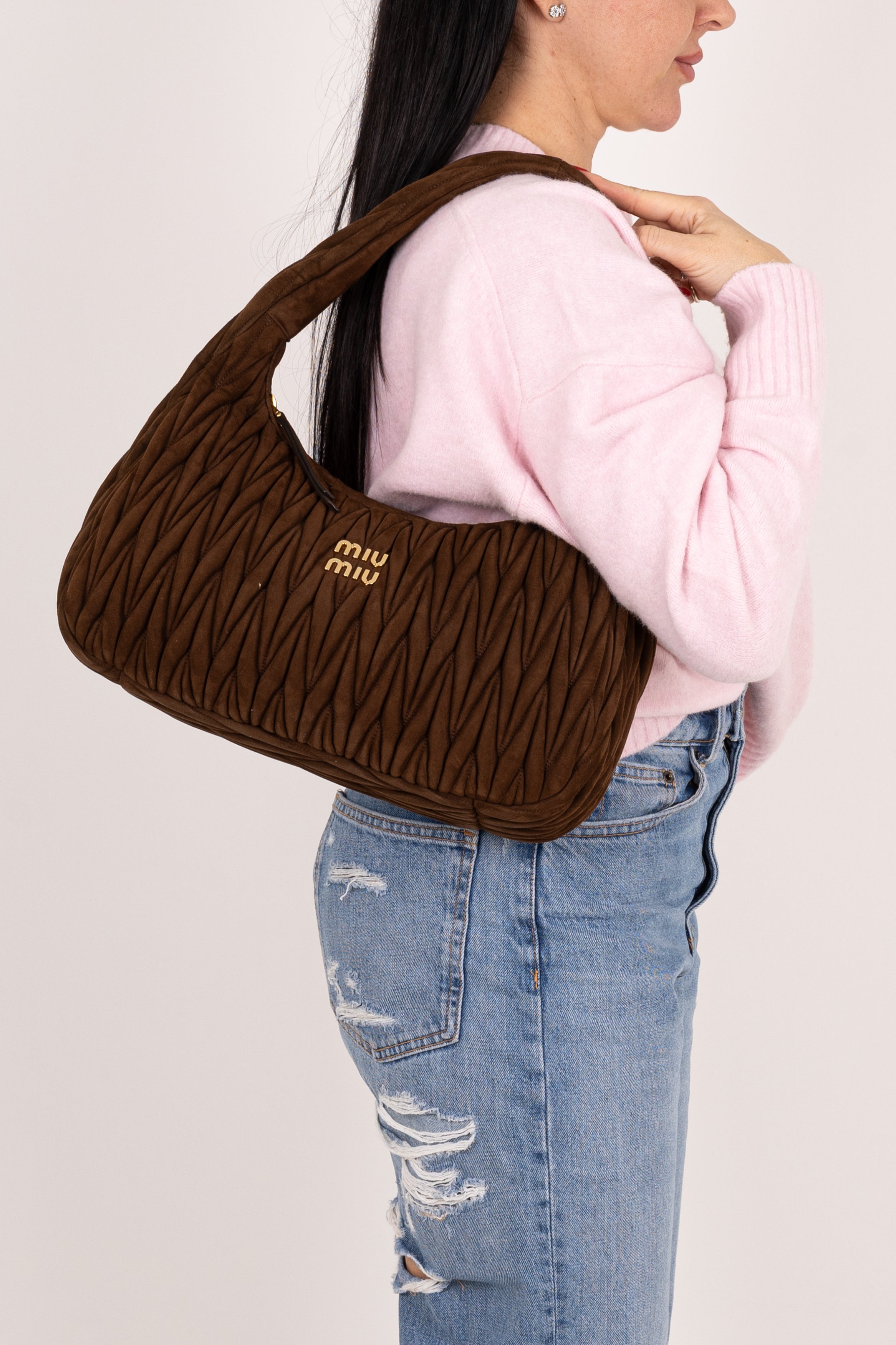 Miu Miu Hobo wander Marrone in suede Medium